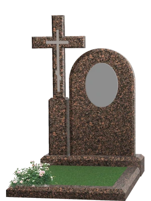 Памятник из коричневого гранита с овальным медальоном и цветником